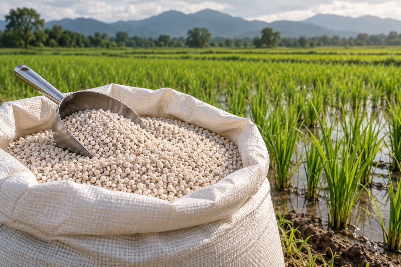 Open bag of granular fertilizer and scoop beside a green rice field
