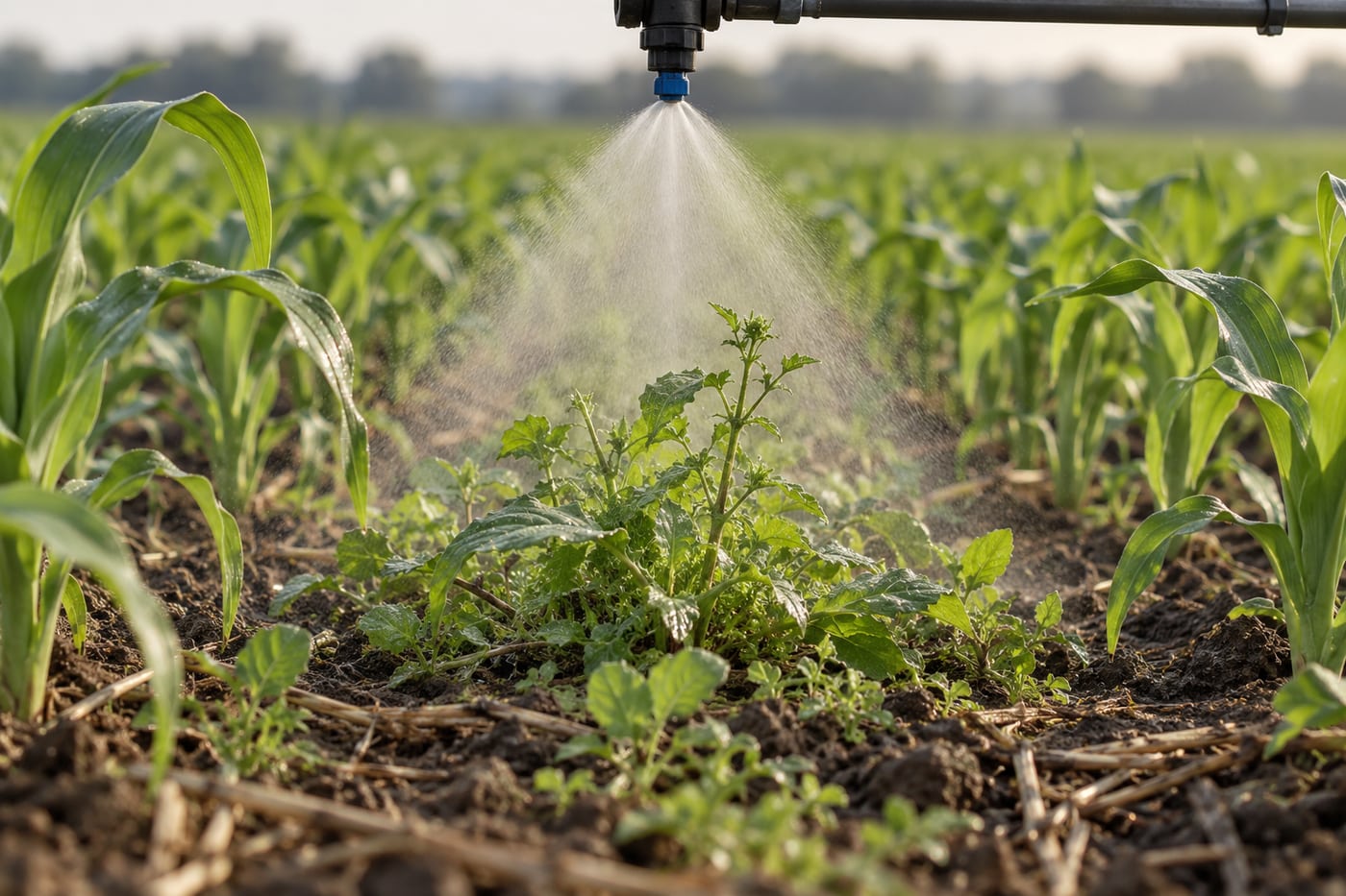 Precision spray nozzle treating broadleaf weeds between crop rows