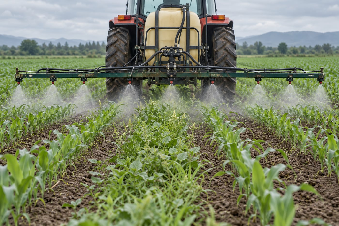 Tractor spray boom treating weeds between young crop rows